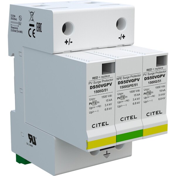 Citel Surge Protection Device, 1500V, 3 Poles, 2 Wires - DS50VGPVS-1500G/51