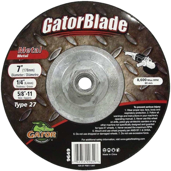Disco de corte de metal tipo 27 de 7 pulgadas x 1/4 pulgada x 5/8 pulgada-11 de Gator Finishing Blade - 9649