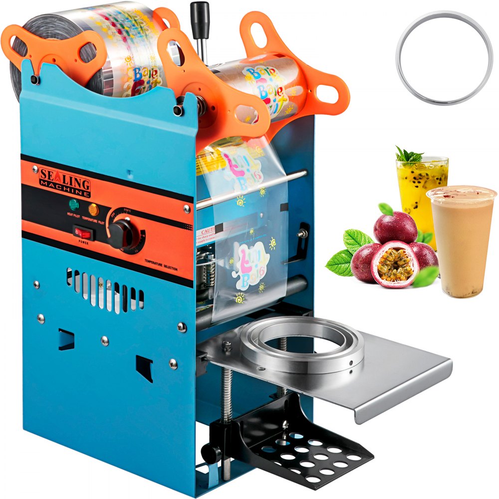 VEVOR Manual Tea Cup Sealer Machine, 300-500 Cup/h Manual Boba Tea Sealer Machine, Blue Boba Tea Sealing Machine, 90/95mm Cup Diameter Cup Sealing Machine with Heating Technology for Bubble Milk Tea - NFWY-802F110VPRA2V1