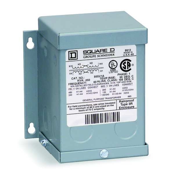 Square D Isolation Transformer, 1 kVA, NEMA 3R, 180°C, 120/240V AC, 120/240V AC - 1S6FIS