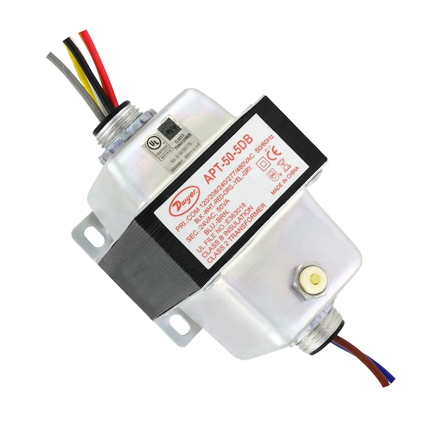 Dwyer Instruments AC Power Transformer, 50 VA, 24V AC, 120/208/240/277/480V AC - APT-50-5DB
