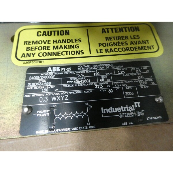 Abb 2000VA 24000V-AC 120V-AC VOLTAGE TRANSFORMER - 218D934A58 PT-25