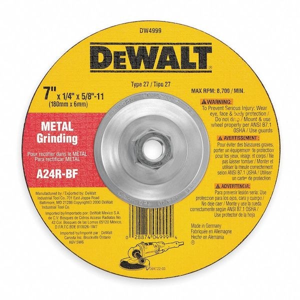 Rueda de rectificado de metal de alto rendimiento Dewalt 5" x 1/4" x 5/8"-11 - DW4623
