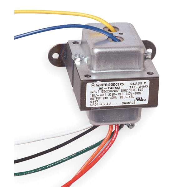 White-Rodgers Class 2 Transformer, 40 VA, Not Rated, 85°C, 24V AC, 120/208/240V AC - 90-T40M3