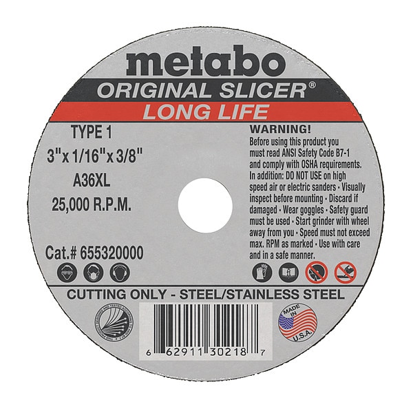 Rueda de corte Metabo, T1, A36XL, 3"X1/16"X3/8" - 655320000
