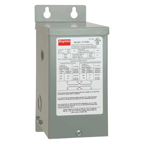 Dayton Single Phase Transformer, 250 VA, NEMA 3R, 115°C, 120/240V AC, 240/480V AC - 31YD53