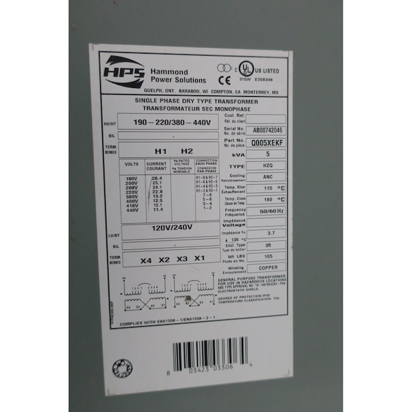 Hps TYPE 1PH 5KVA 190-220/380-440V-AC 120/240V-AC DRY POWER DISTRIBUTION TRANSFORMER - Q005XEKF