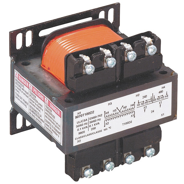 Square D Control Transformer, 100 VA, Not Rated, 55°C, 24V AC, 120/240V AC - 9070T100D23