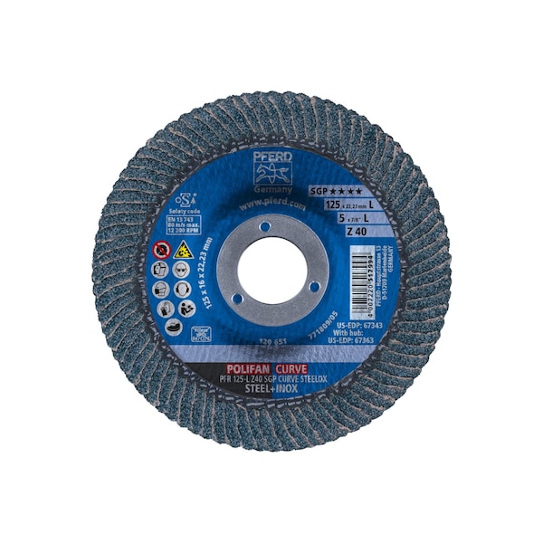 Disco de láminas POLIFAN® de 5" x 7/8" A.H. - Z SGP CURVE STEELOX, Zirconia, 40 granos, Radio Grande - 67343