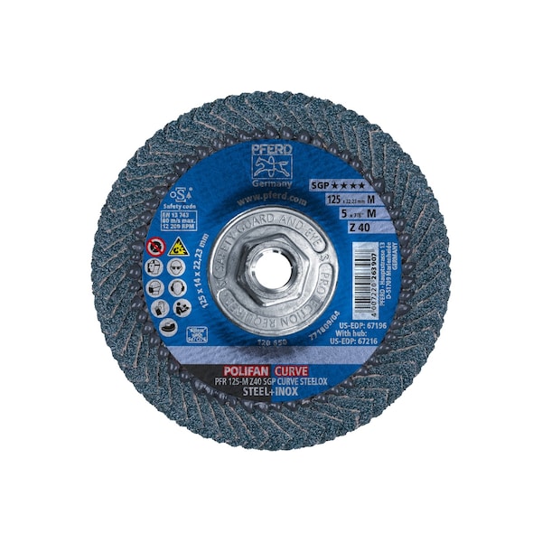 Disco de láminas POLIFAN® Pferd de 5" x 5/8-11 Thd. CURVE STEELOX, Z SGP, Zirconio, 40 Grit, Radio Medio - 67216