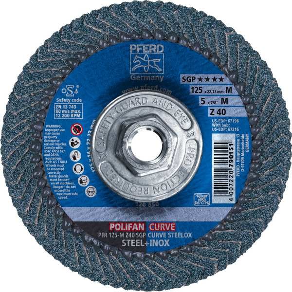 Disco de láminas POLIFAN® Pferd de 5" x 5/8-11 Thd. CURVE STEELOX, Z SGP, Zirconio, 40 Grit, Radio Medio - 67216