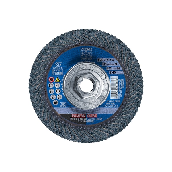 Disco de láminas POLIFAN® 4-1/2" x 5/8-11 Thd. CURVE STEELOX Z SGP - Zirconia, 40 Granos, Radio Medio - 67212