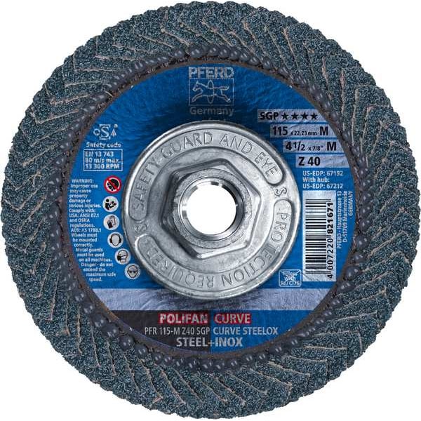 Disco de láminas POLIFAN® 4-1/2" x 5/8-11 Thd. CURVE STEELOX Z SGP - Zirconia, 40 Granos, Radio Medio - 67212