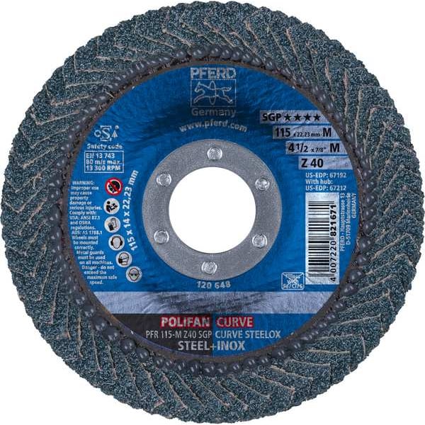 Disco de láminas POLIFAN® Pferd 4-1/2" x 7/8" A.H. - Z SGP CURVE STEELOX, Zirconia, 40 Granos, Radio Mediano - 67192
