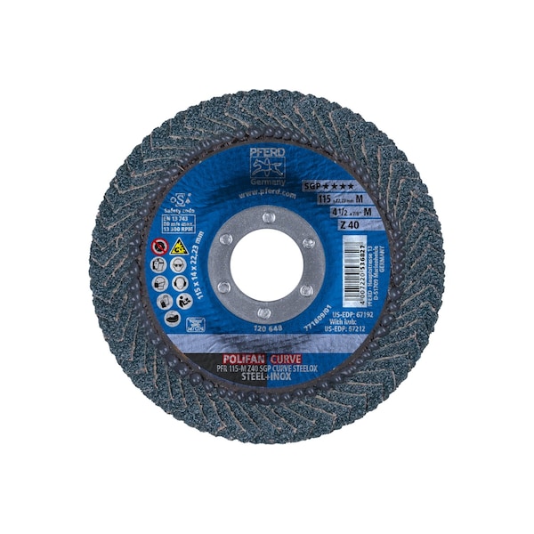 Disco de láminas POLIFAN® Pferd 4-1/2" x 7/8" A.H. - Z SGP CURVE STEELOX, Zirconia, 40 Granos, Radio Mediano - 67192