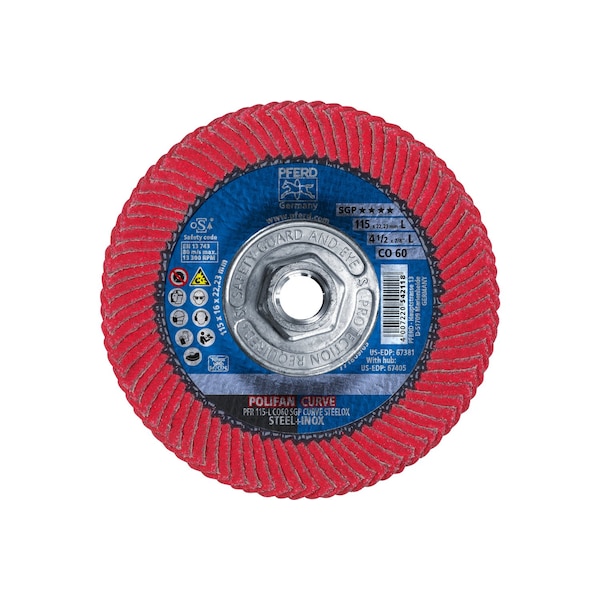 Pferd 4-1/2" x 5/8-11 Thd. Disco de láminas POLIFAN® - CO SGP CURVE STEELOX, Óxido cerámico, 60 Granos, Gran Radio - 67405