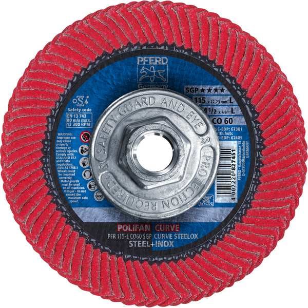Pferd 4-1/2" x 5/8-11 Thd. Disco de láminas POLIFAN® - CO SGP CURVE STEELOX, Óxido cerámico, 60 Granos, Gran Radio - 67405