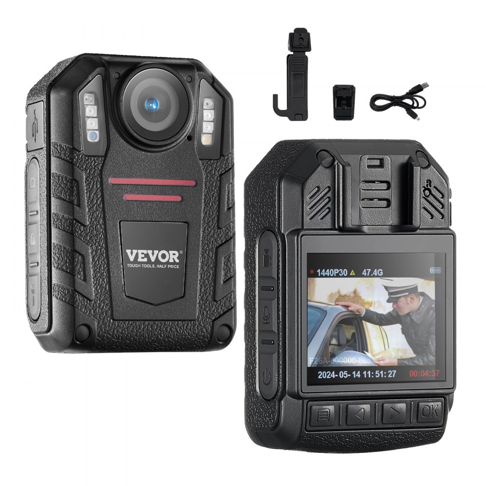 VEVOR 1440P HD Police Body Camera, 64GB Body Cam with Audio Video Recording Picture, Built-in 2850 mAh Battery, 2.0" LCD, Infrared Night Vision, Waterproof Personal Body Cam for Law Enforcement - JYZFJLY1440PXE06BV1