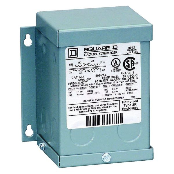 Square D General Purpose Transformer, 750 VA, NEMA 3R, 115°C, 120/240V AC, 600V AC - 750SV51F