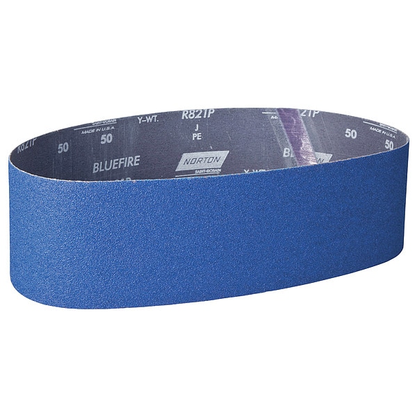 Norton Abrasivos Cinturón de Lijado, Recubiertos, 4 pulg de ancho, 36 pulg de largo, 50 Granos, Grueso, Alúmina de Circonio, BlueFire R821P, Azul - 78072727475