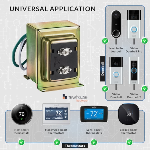 Newhouse Hardware Wired 24V 40vA Doorbell Transformer Compatible w/ Smart Video Devices - 40TR