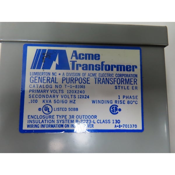Acme Buck Boost Transformer, 100 kVA, 12/24V, 120/240V AC - T-1-81048