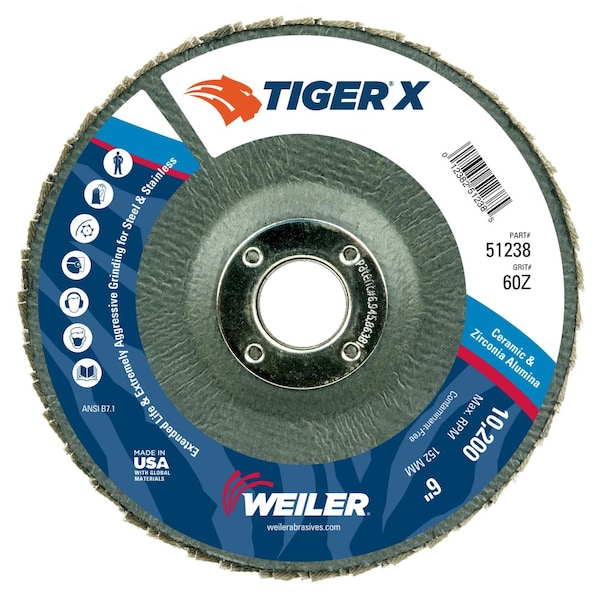 Weiler 6" Tiger X Disco de Láminas, Angular (TY29), Espalda Fenólica, 60Z, 7/8" - 51238