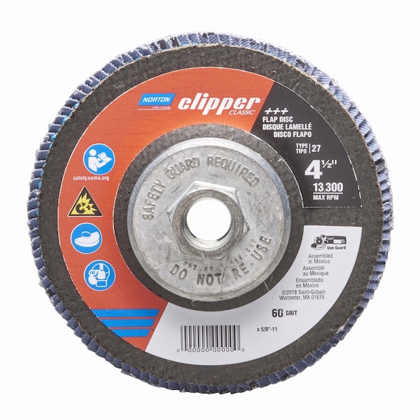 Controles de puerta Norton Norton Clipper 4-1/2 in. D X 5/8-11 in. Disco de aletas de algodón X-Wt de Alumina de circonio/60 granos 1 pk - 70184609164
