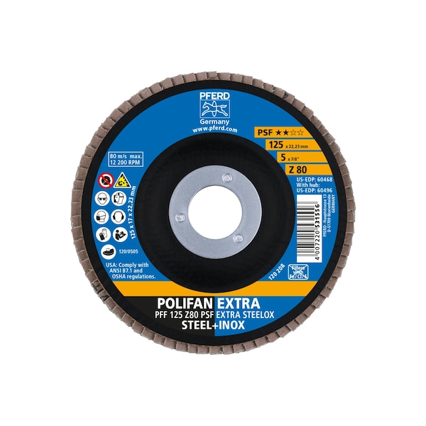 Disco de láminas Pferd 5" x 7/8" A.H. POLIFAN® - Z PSF EXTRA STEELOX, Zirconia, 80 grano, plano - 60468