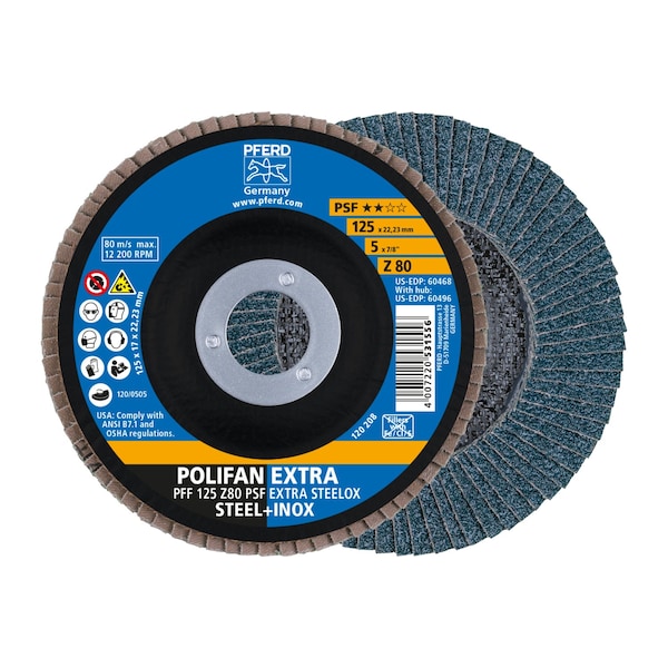 Disco de láminas Pferd 5" x 7/8" A.H. POLIFAN® - Z PSF EXTRA STEELOX, Zirconia, 80 grano, plano - 60468