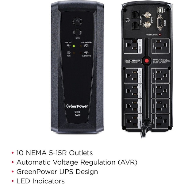 Cyberpower UPS System, 900VA, Line Interactive, Out: 120V AC In: 120V AC - CP900AVR