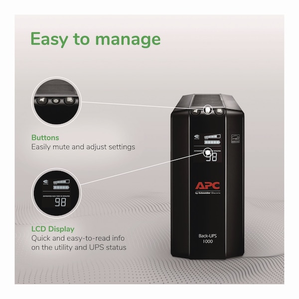 Apc Back-UPS Pro Compact Tower LCD Battery Backup and Surge Protector with USB, 8 Outlets, 1,103 J - BX1000M