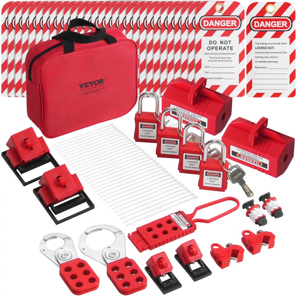 VEVOR Electrical Lockout Tagout Kit, 47 PCS Safety Loto Kit Includes Padlocks, Hasps, Tags, Nylon Ties, Plug Lockouts, Circuit Breaker Lockouts, and Carrying Bag, for Industrial, Electric Power - AQSJTZ47JBDGWLU0XV0