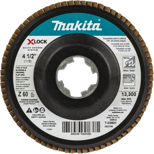 Disco de láminas tipo 27 de 4 1/2" con sistema X-LOCK de Makita, 60 granos - T-03931
