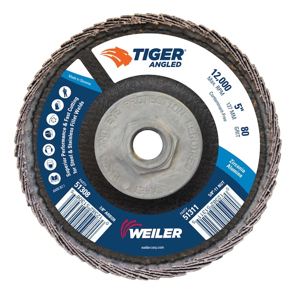 Weiler 5 Tiger Angled (Radial) Disco de Aletas Zirc 80Z 5/8-11 Tuerca - 51311
