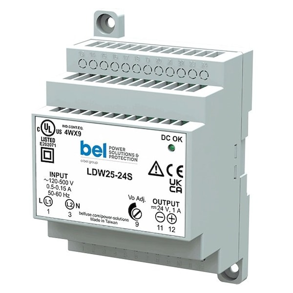 Bel Power Solutions Power Supply, 90 to 550V AC, 24V DC, 25W, 1A, DIN Rail - LDW25-24S