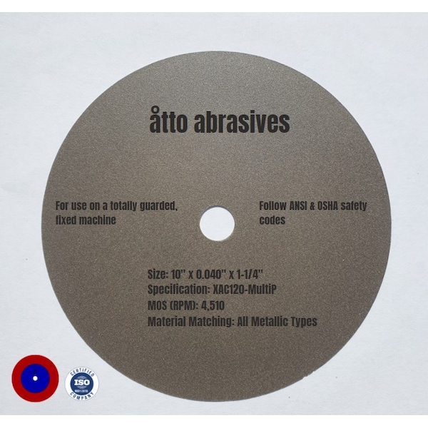 Ruedas de seccionado ultra delgadas Atto Abrasives de 10"x0.040"x1-1/4" multiusos - 1W250-100-SG
