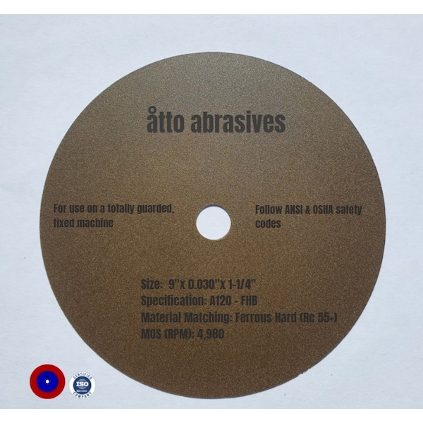 Ruedas de corte ultradelgadas Atto Abrasives 9"x0.030"x1-1/4" para materiales ferrosos de dureza Rc 55+ - 1W225-075-SH
