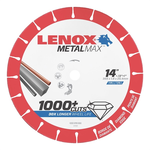 Irwin Lenox Metal Max Chop Saw Diamond Cutoff Wheel 14"X1" - LEX1972929