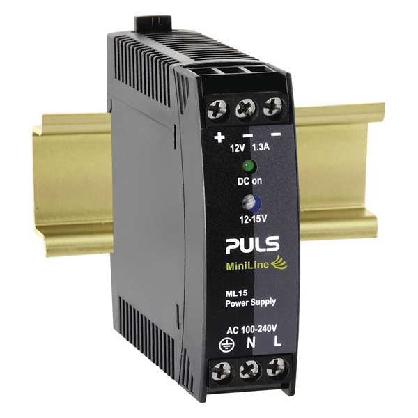 Puls DC Power Supply, 100/240V AC, 15 W, 1.3 A, DIN Rail - ML15.121