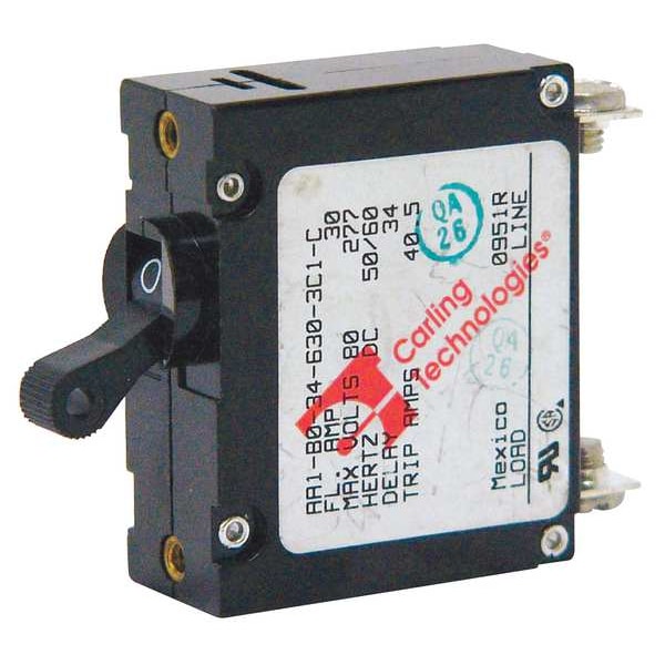Carling Technologies Circuit Breaker, A Series, 20A, 1 Pole, 250/277V AC, 2kA at 120V AC, Medium Curve - AA1-B0-34-620 -5D1-C