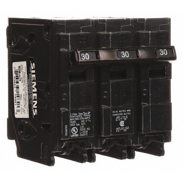 Siemens Miniature Circuit Breaker, Q Series, 30A, 3 Pole, 240V AC, 10kA at 120V AC - Q330
