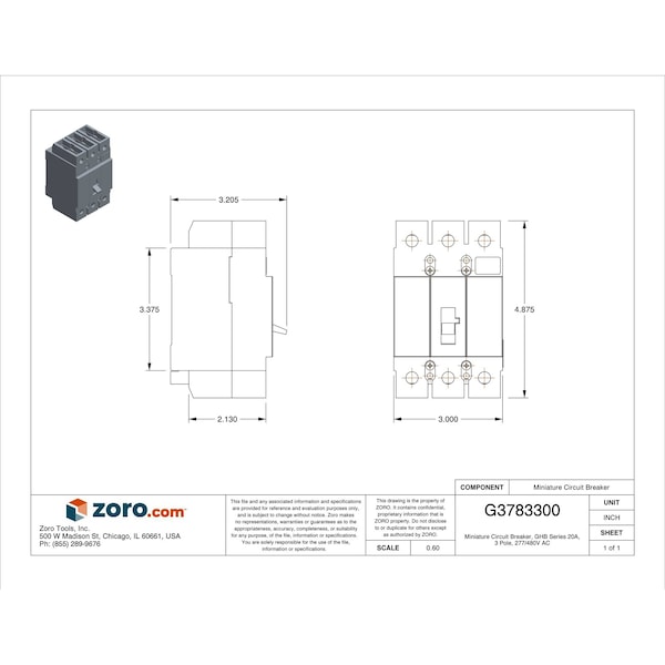 Eaton Miniature Circuit Breaker, GHB Series, 20A, 3 Pole, 277/480V AC, 14kA at 277/480V AC - GHB3020