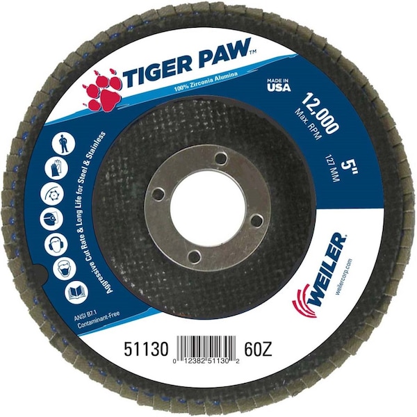 Weiler 5" Tiger Paw Abrasive Flap Disc, Cónico (TY29), 60Z, 7/8" - 51130
