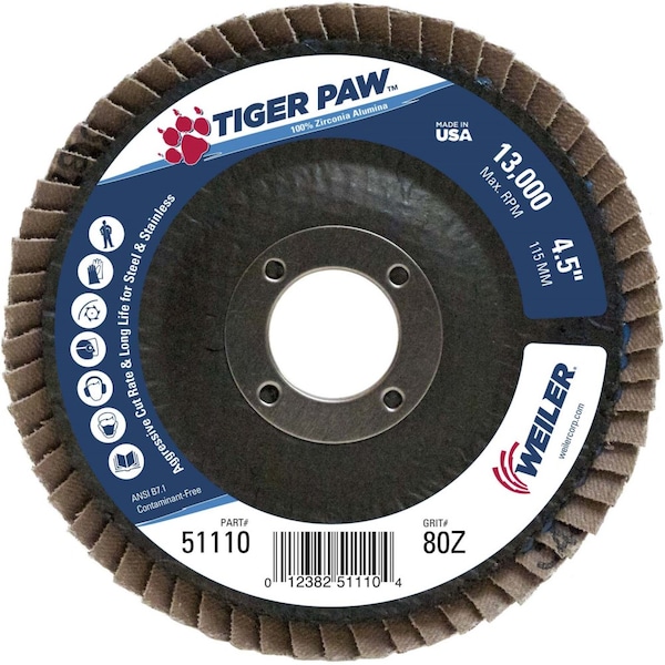 Disco de láminas abrasivas Weiler 4-1/2" Tiger Paw, plano (TY27), 80Z, 7/8" - 51110