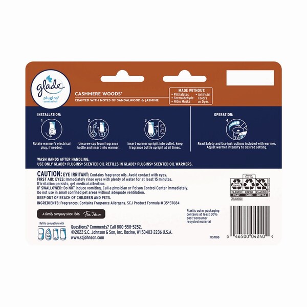 Glade Plugins Scented Oil Refill, Cashmere Woods, 0.67 oz, 7PK - 350769