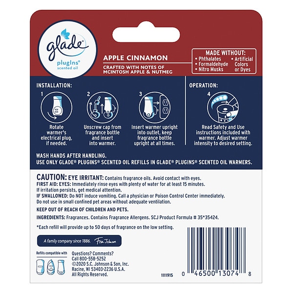 Glade Air Freshener Refill, Apple Cinnamon, PK6 - 315104