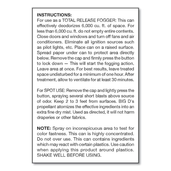 Big D Odor Control Fogger, Original Scent, 5 oz Aerosol, PK12 - 034100