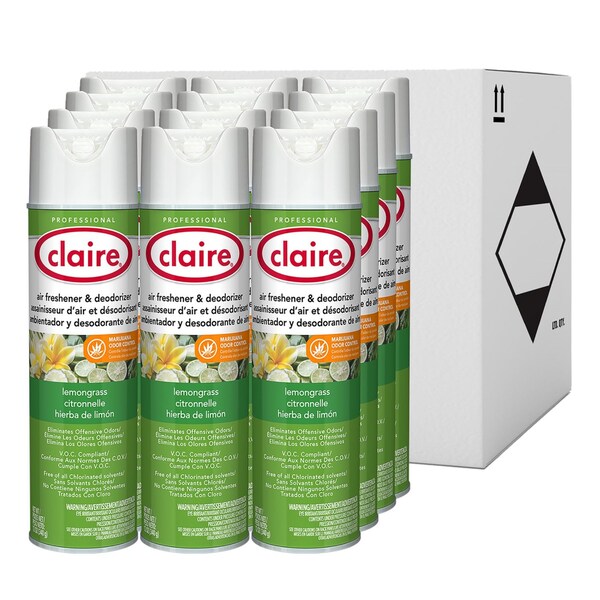 Claire Aerosol Air Freshener and Deodorizer, Lemongrass Citronella, 12 oz Aerosol Spray, 12PK - CL1307