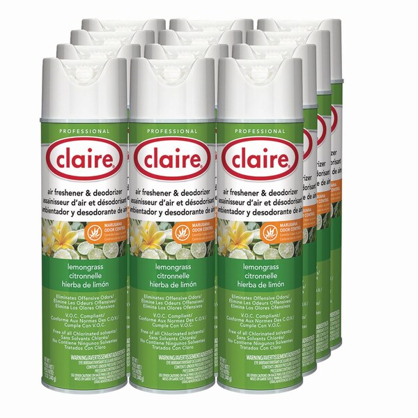 Claire Aerosol Air Freshener and Deodorizer, Lemongrass Citronella, 12 oz Aerosol Spray, 12PK - CL1307
